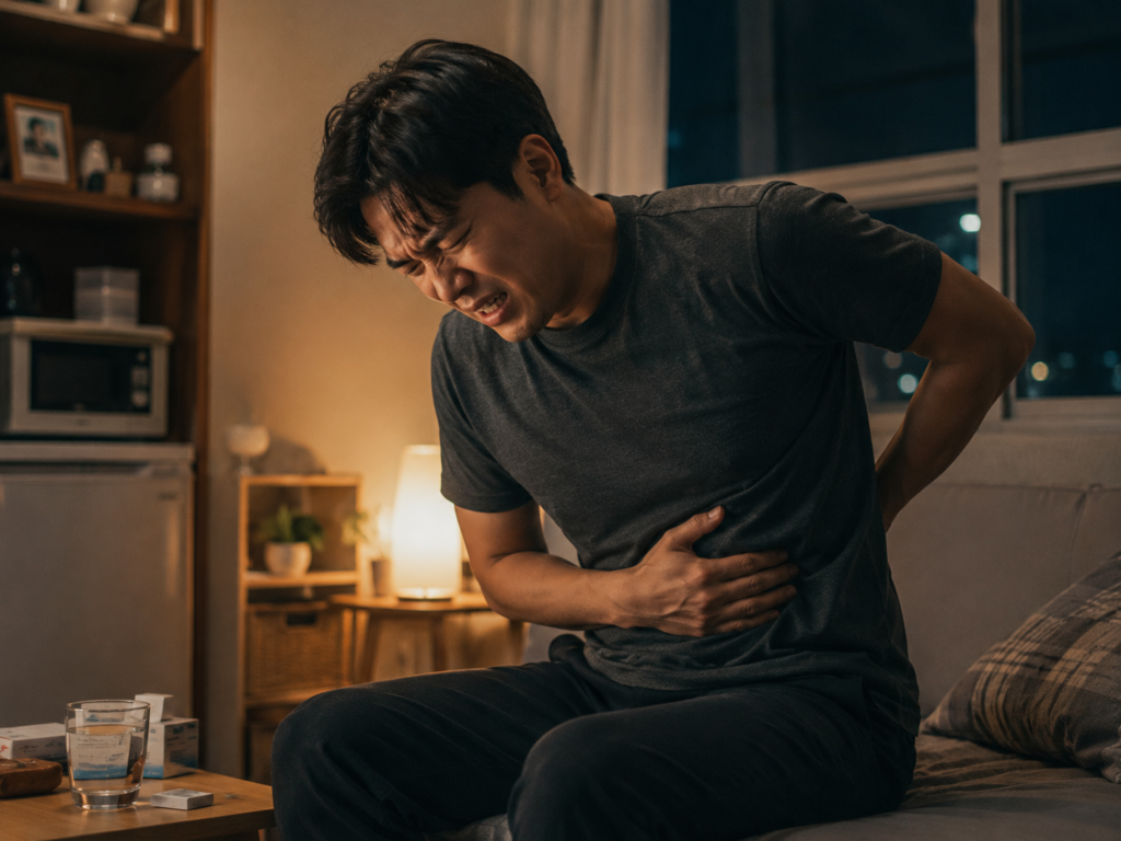 담석증 발작으로 고통스러워하는 자취생 모습