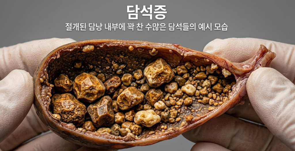 절개된 담낭 내부에 수많은 담석이 가득 찬 예시 모습