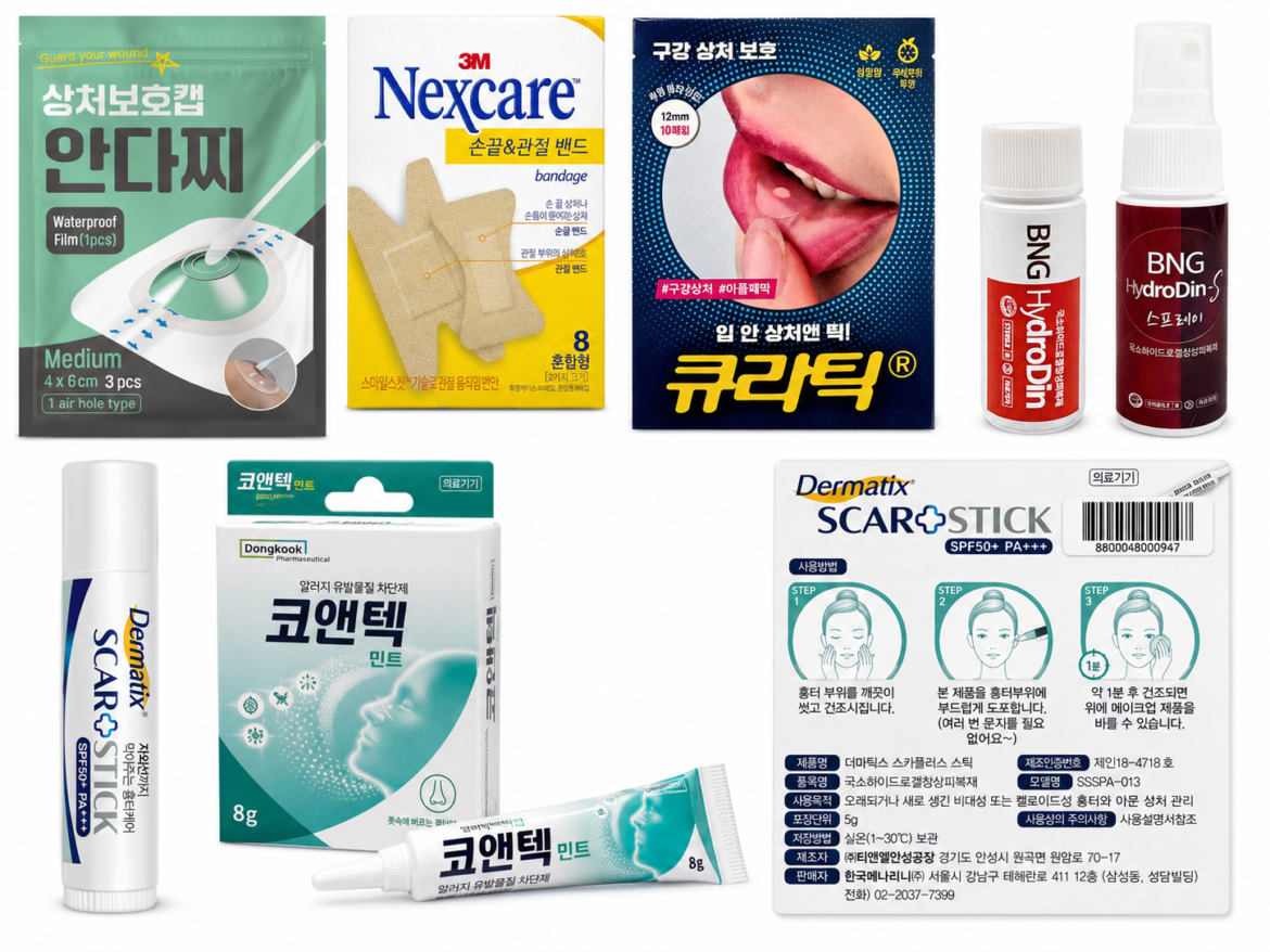 응급키트 상비약 모음 포비돈 소독 면봉과 스프레이형 상처 소독제